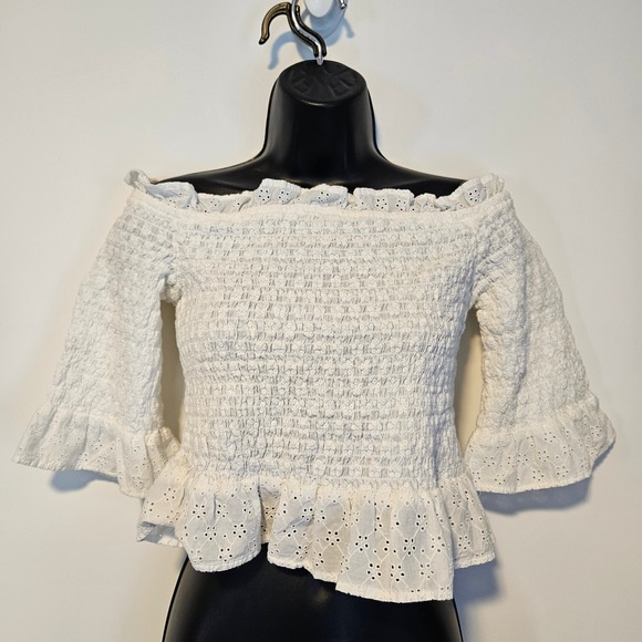 American Eagle Outfitters Tops - American Eagle Smocked Off Shoulder Small White Cropped Renfaire Pirate‎ Cottage